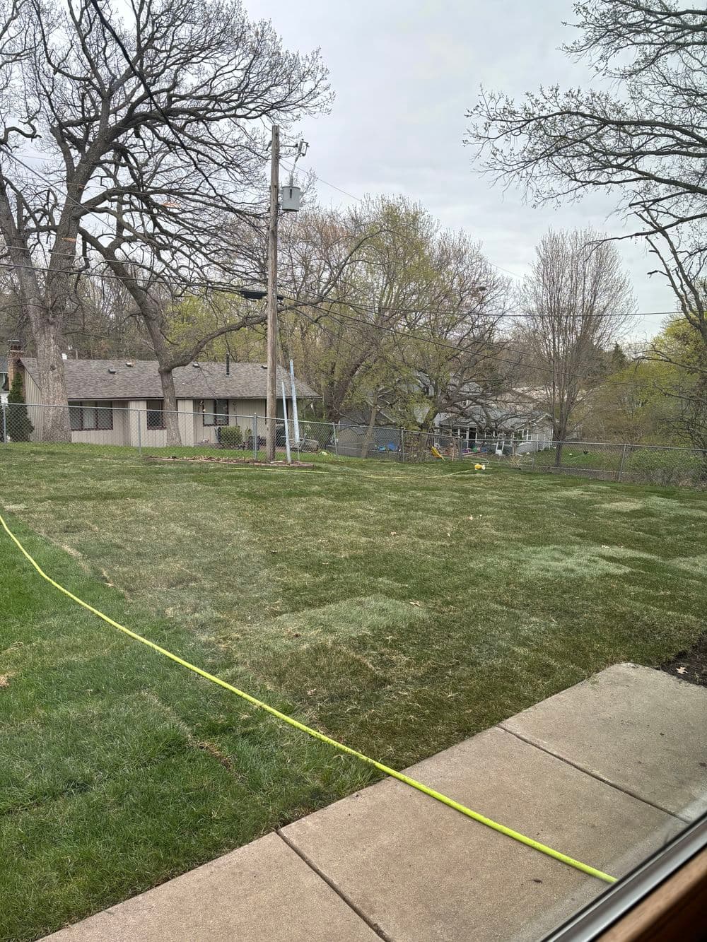 Lawn with freshly cut grass and measuring tape, trees, and houses in the background.